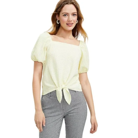 LOFT Women’s Square Neck Tie Front Soft Yellow Blouse Puff Sleeve Top Size M - Picture 1 of 14